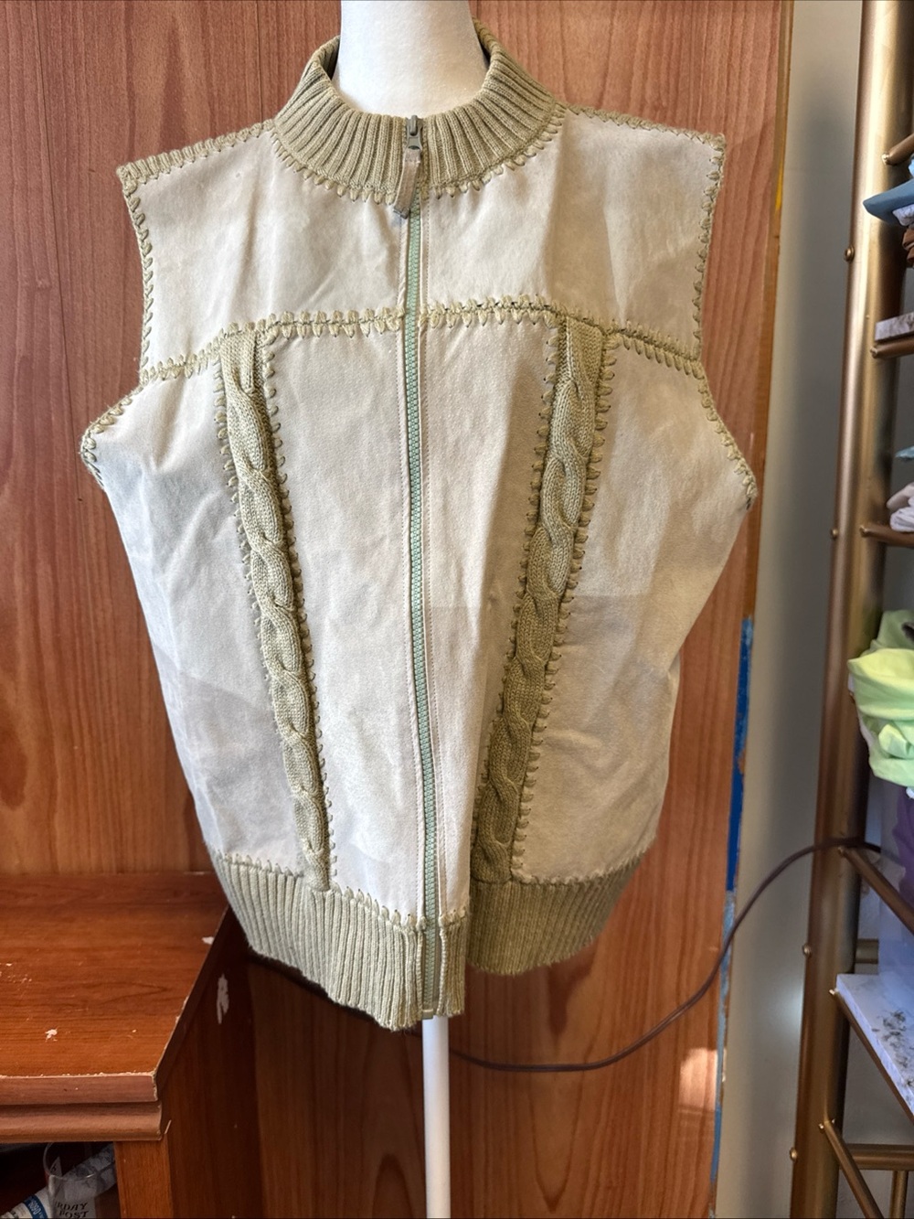 Designers Studio Originals Light Green Leather Knit Vest XL Zip Up